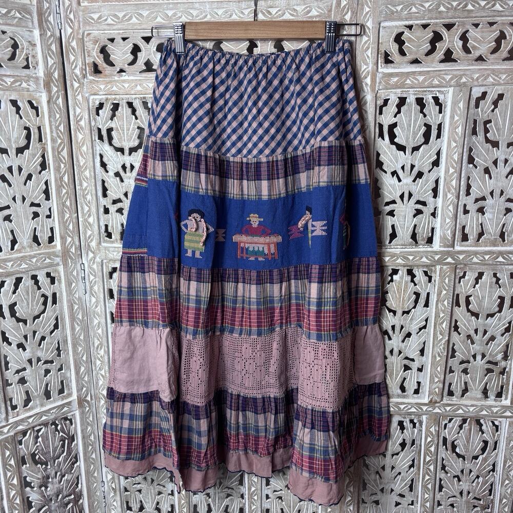 Inga Cottagecore Patchwork Midi Skirt Folk Hippie Peasant Tiered Cotton L